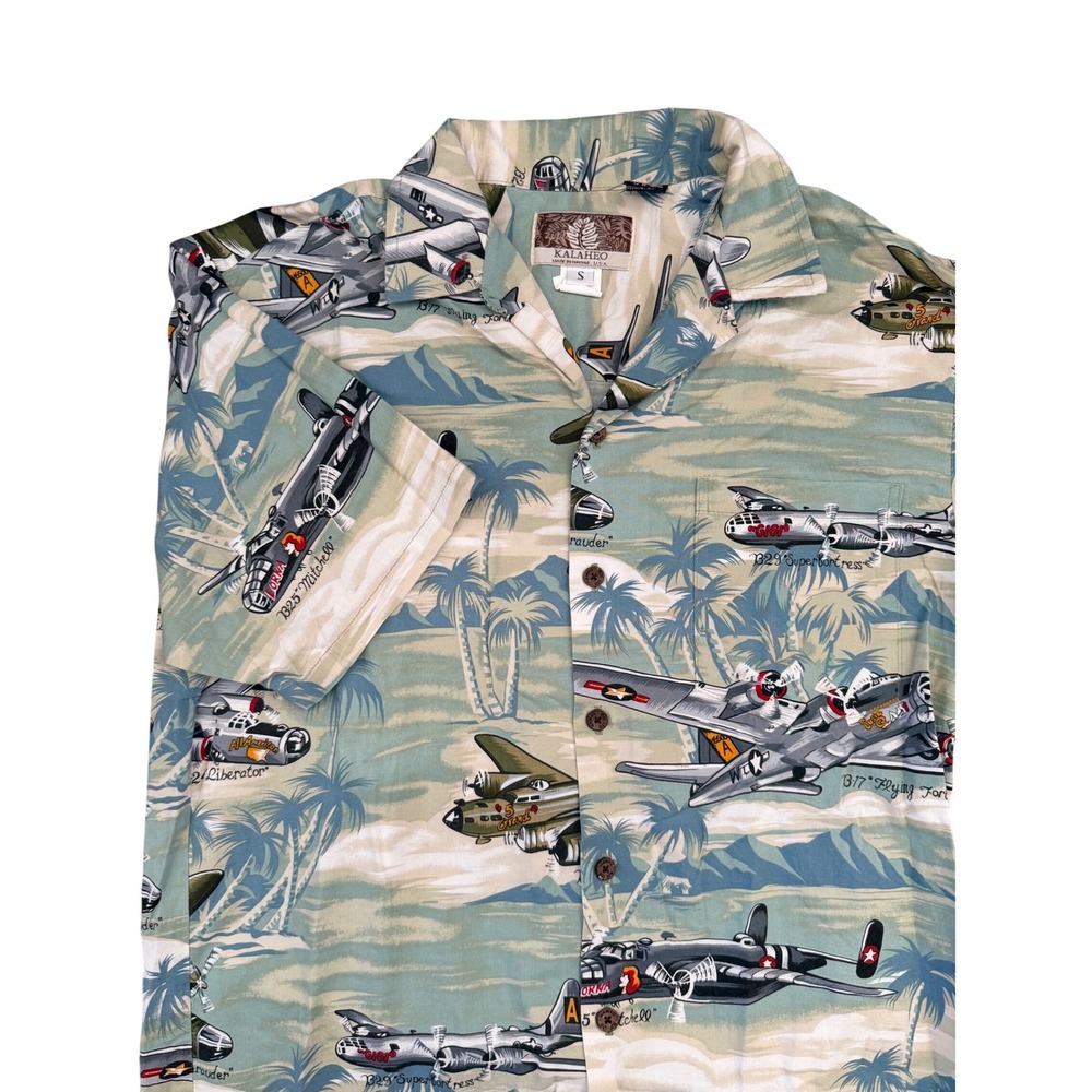 VTG Kalaheo Hawaiian Shirt Men S‎ WWII Bomber Plane Aviation Aloha Military USA